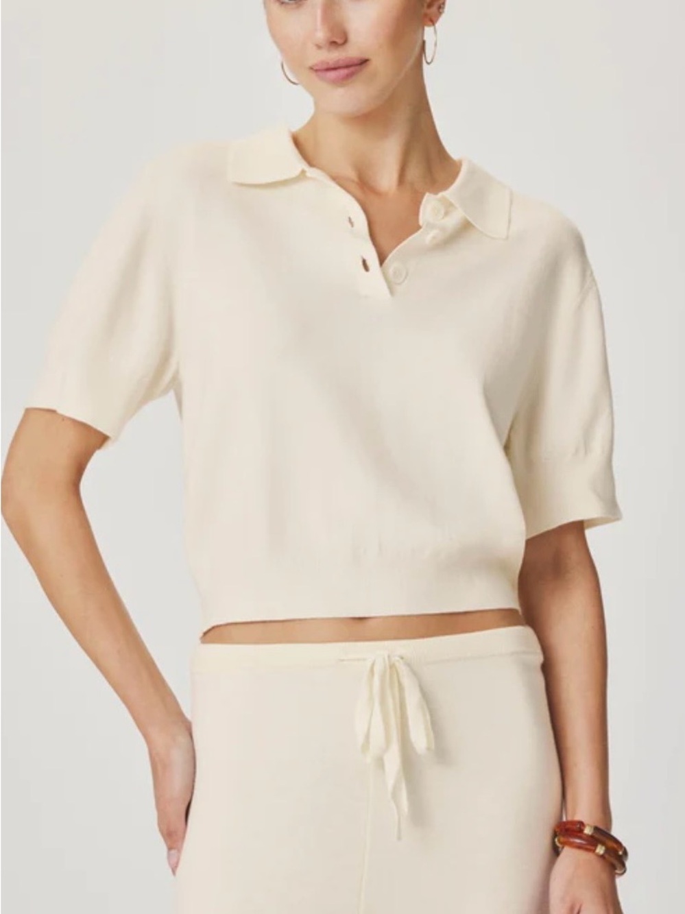 Splendid Cream Short-Sleeve V-Neck Polo Sweater
